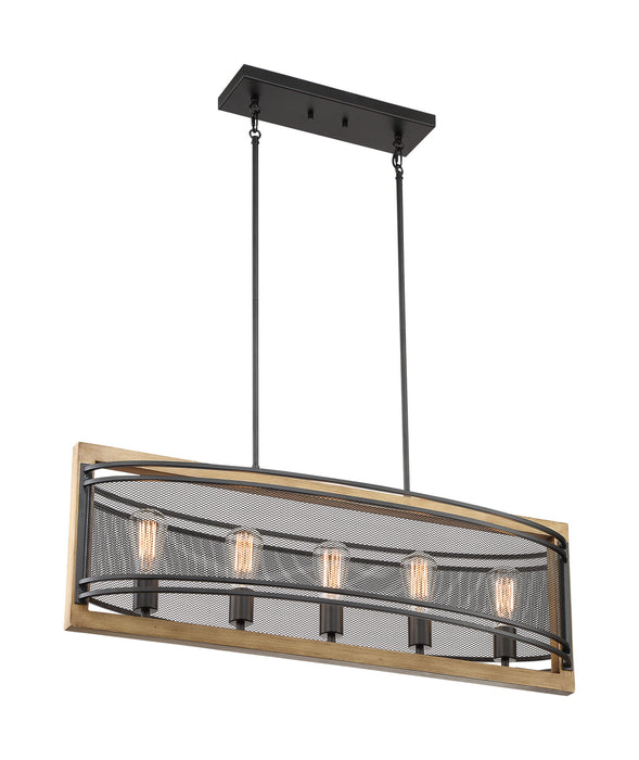 Five Light Island Pendant from the Atelier collection in Black / Honey Wood finish