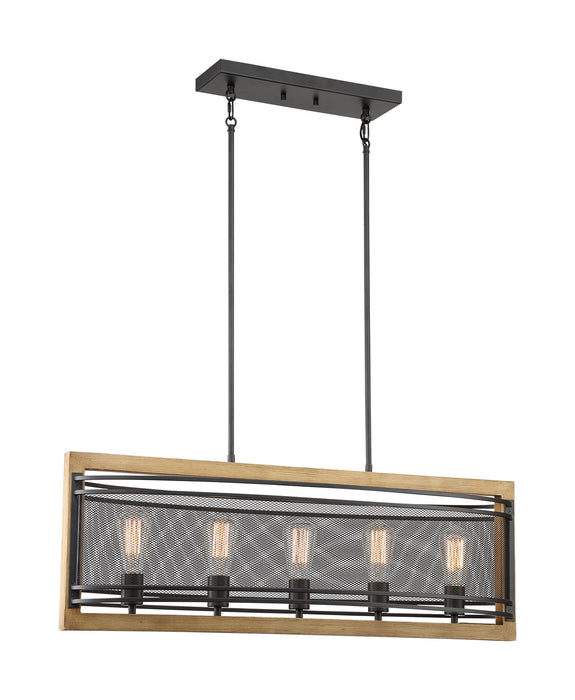 Five Light Island Pendant from the Atelier collection in Black / Honey Wood finish