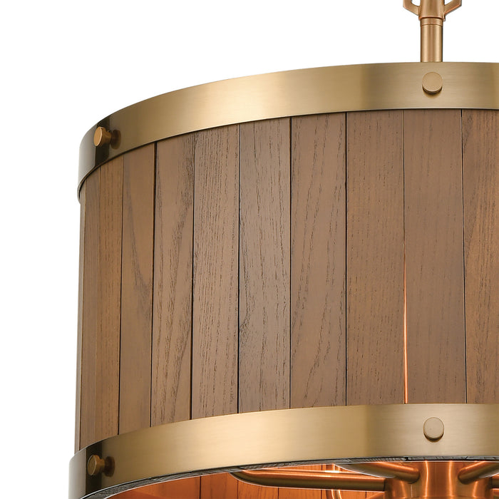 Six Light Chandelier from the Wooden Barrel collection in Satin Brass, Medium Oak, Medium Oak finish