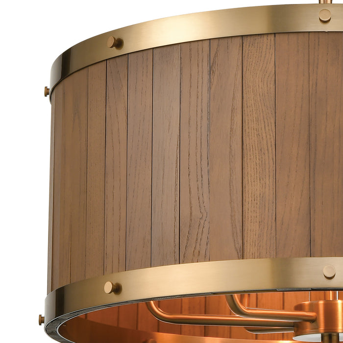 Six Light Chandelier from the Wooden Barrel collection in Satin Brass, Medium Oak, Medium Oak finish