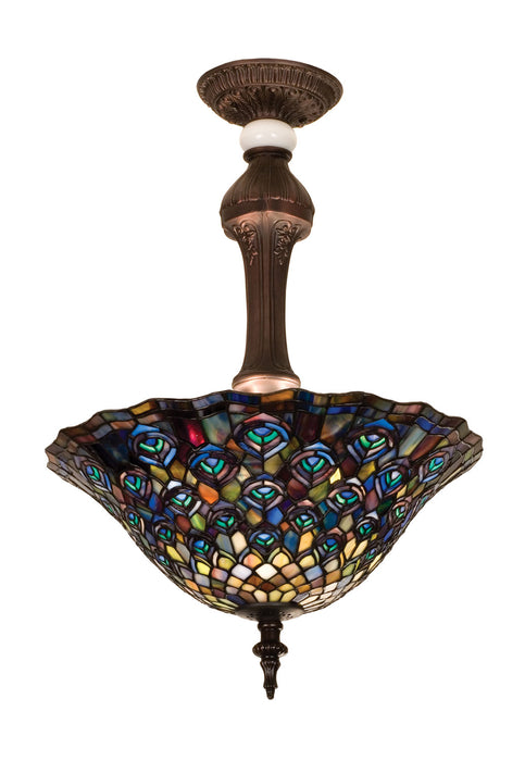 Meyda Tiffany - 31101 - Three Light Semi-Flushmount - Tiffany Peacock Feather - Green/Blue Pbag Purple/Blue Lt Blue Aqua/Green