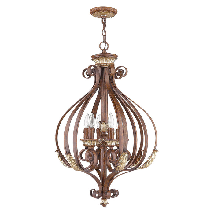Six Light Foyer Pendant from the Villa Verona collection in Verona Bronze with Aged Gold Leaf Accents finish