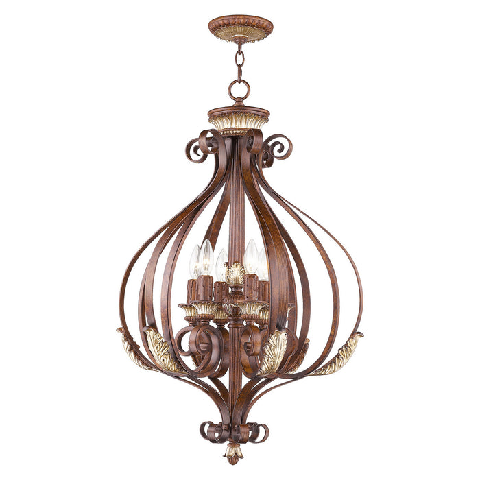 Six Light Foyer Pendant from the Villa Verona collection in Verona Bronze with Aged Gold Leaf Accents finish