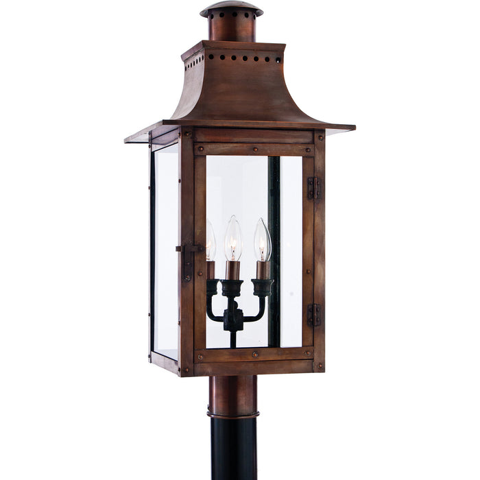Three Light Outdoor Post Lantern from the Chalmers collection in Aged Copper finish