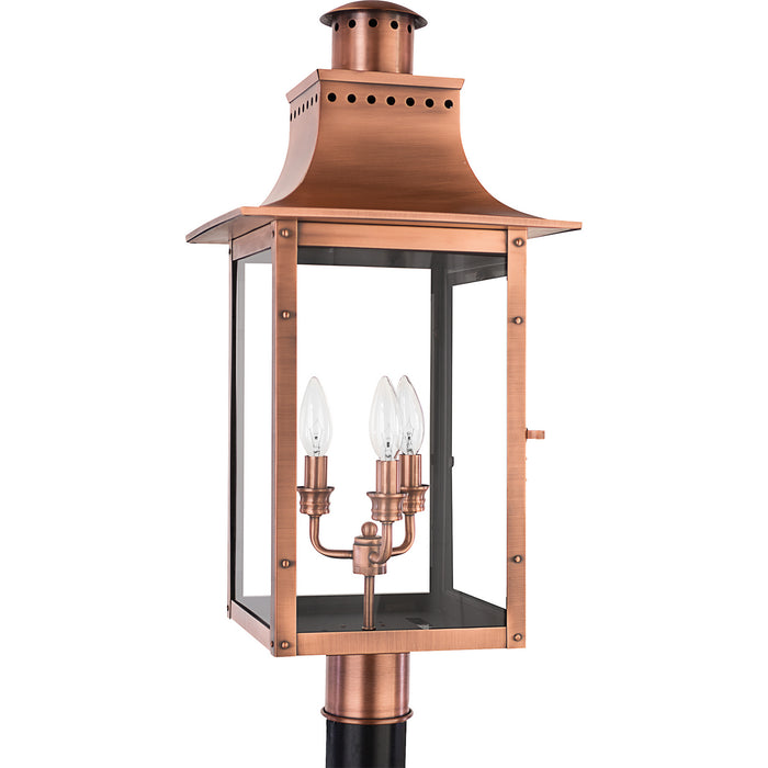 Three Light Outdoor Post Lantern from the Chalmers collection in Aged Copper finish