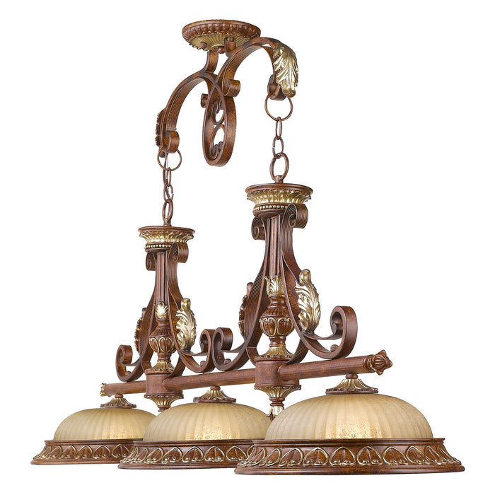 Three Light Island Pendant from the Villa Verona collection in Verona Bronze with Aged Gold Leaf Accents finish
