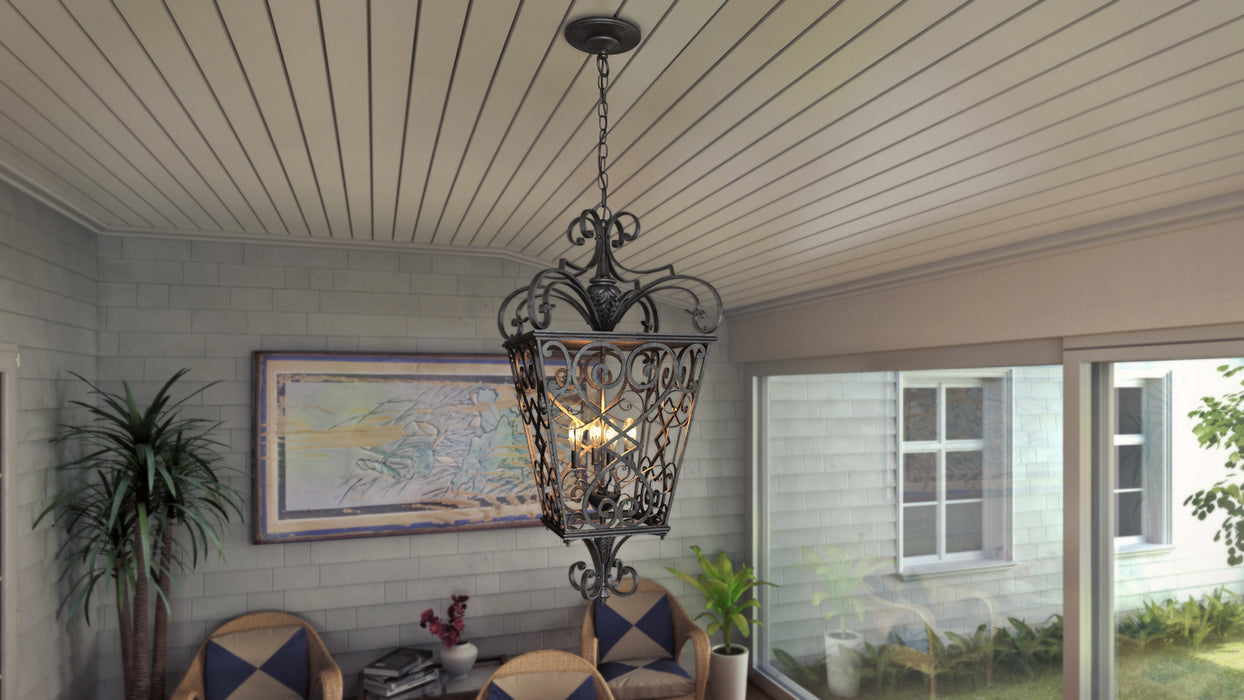 Four Light Outdoor Hanging Lantern from the Fort Quinn collection in Marcado Black finish
