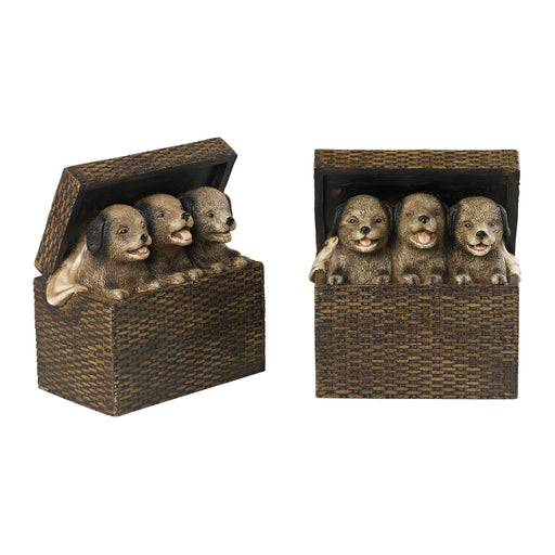 ELK Home - 93-19312/S2 - Bookends - Pups in a Basket - Heavy Brown Antique
