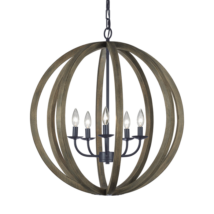 Five Light Pendant from the Allier collection in Weathered Oak Wood / Antique Forged Iron finish