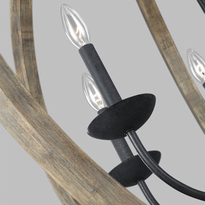 Six Light Pendant from the Allier collection in Weathered Oak Wood / Antique Forged Iron finish