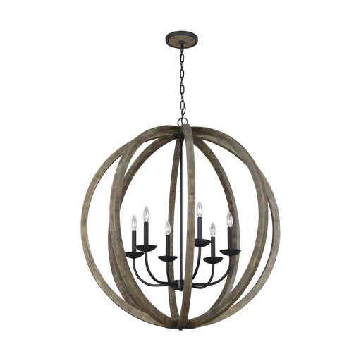 Generation Lighting - F3186/6WOW/AF - Six Light Pendant - Allier - Weathered Oak Wood / Antique Forged Iron