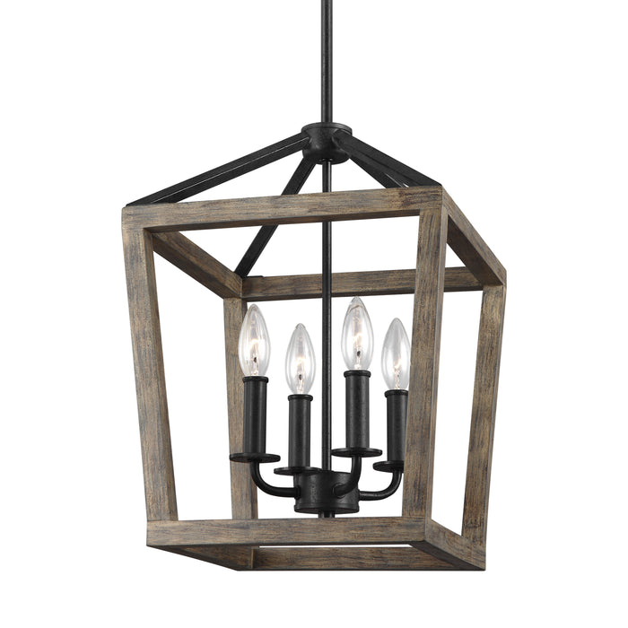 Four Light Chandelier from the Gannet collection in Weathered Oak Wood / Antique Forged Iron finish