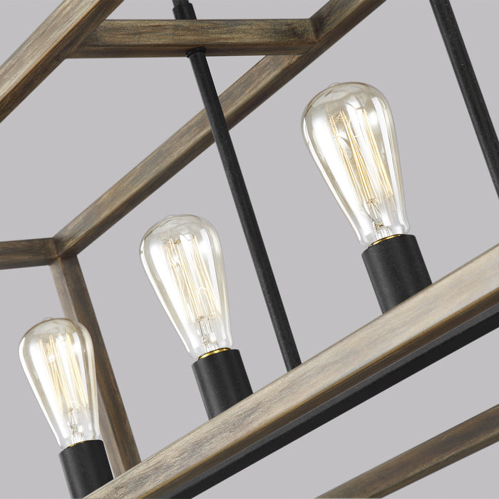 Five Light Linear Chandelier from the Gannet collection in Weathered Oak Wood / Antique Forged Iron finish