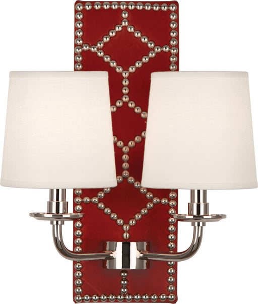 Robert Abbey - S1031 - Two Light Wall Sconce - Williamsburg Lightfoot - Backplate Upholstered in Dragons Blood Leather w/ Nailhead Detail/Polished Nickel