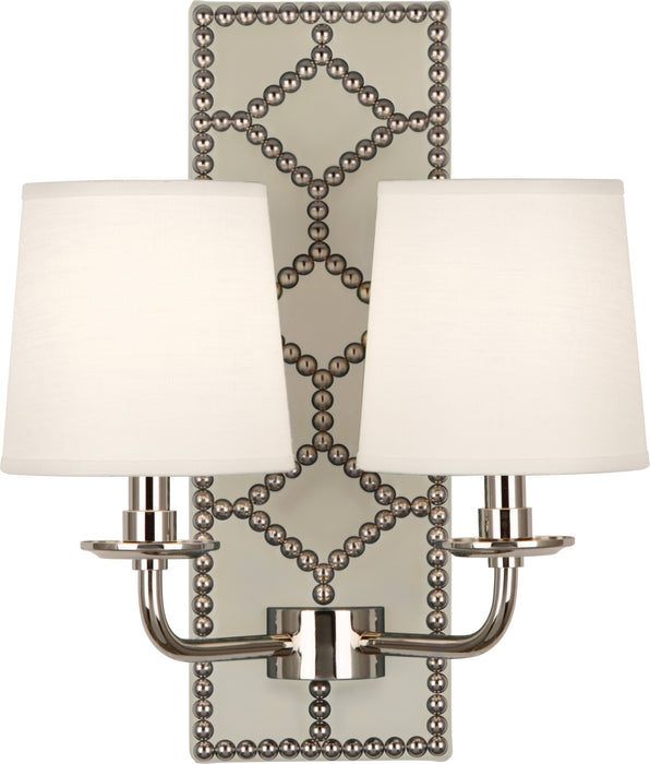 Robert Abbey - S1032 - Two Light Wall Sconce - Williamsburg Lightfoot - Backplate Upholstered in Bruton White Leather w/ Nailhead Detail/Polished Nickel