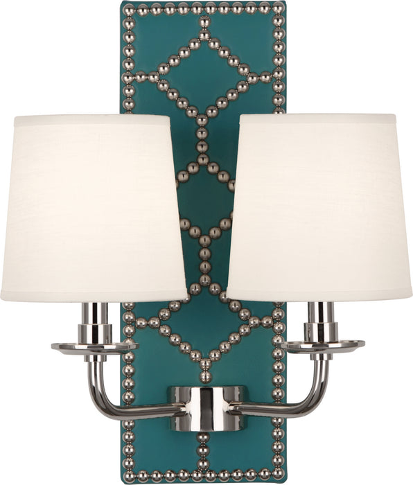Robert Abbey - S1033 - Two Light Wall Sconce - Williamsburg Lightfoot - Backplate Upholstered in Mayo Teal Leather w/ Nailhead Detail/Polished Nickel