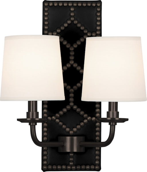 Robert Abbey - Z1035 - Two Light Wall Sconce - Williamsburg Lightfoot - Backplate Upholstered in Blacksmith Black Leather w/ Nailhead Detail/Deep Patina Bronze