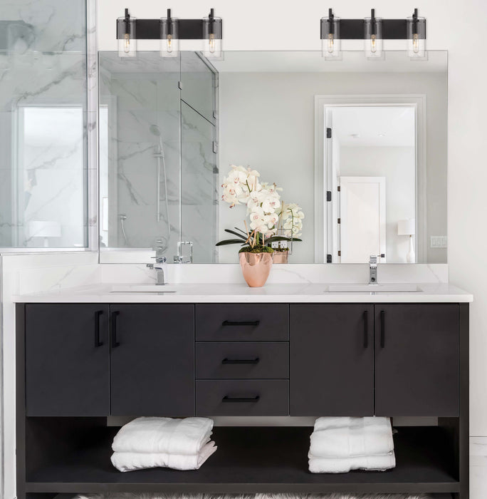 Press Bath Vanity Light shown in the Matte Black finish with a Clear shade