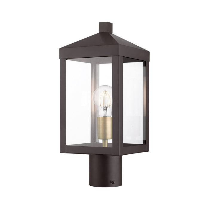 One Light Outdoor Post Top Lantern from the Nyack collection in Bronze with Antique Brass Cluser finish