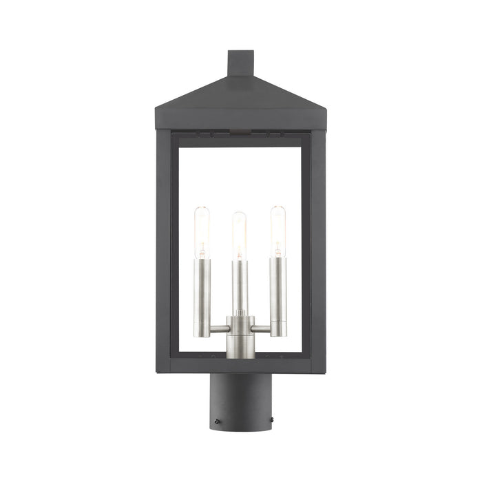 Three Light Outdoor Post Top Lantern from the Nyack collection in Black with Brushed Nickel Cluster finish