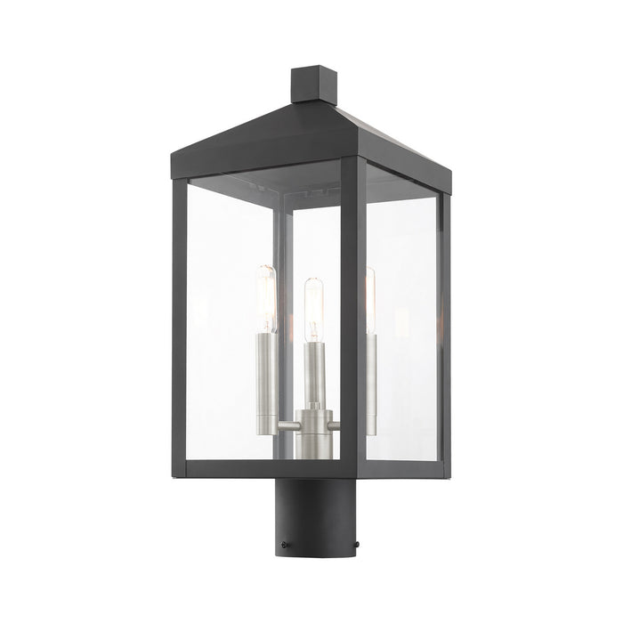 Three Light Outdoor Post Top Lantern from the Nyack collection in Black with Brushed Nickel Cluster finish