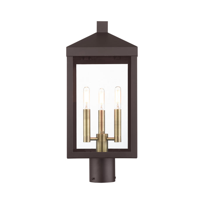 Three Light Outdoor Post Top Lantern from the Nyack collection in Bronze with Antique Brass Cluser finish