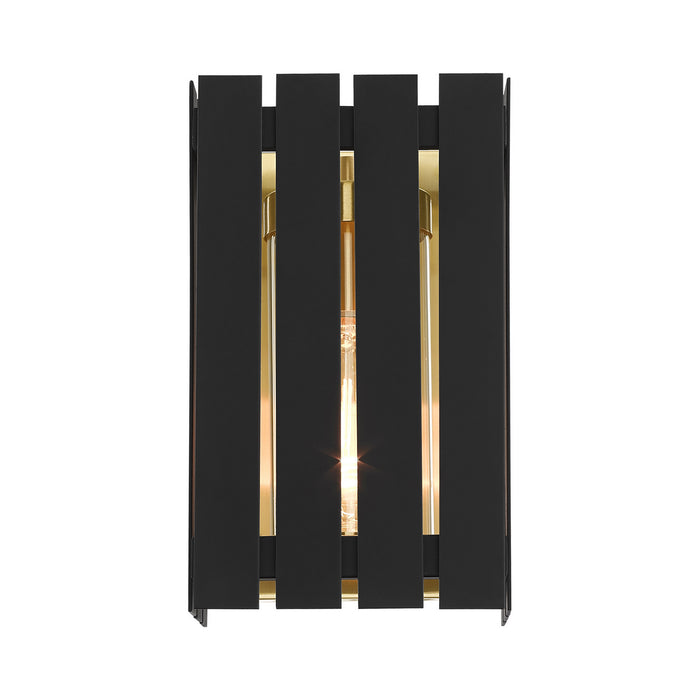 One Light Outdoor Wall Lantern from the Greenwich collection in Black with Satin Brass Accents finish