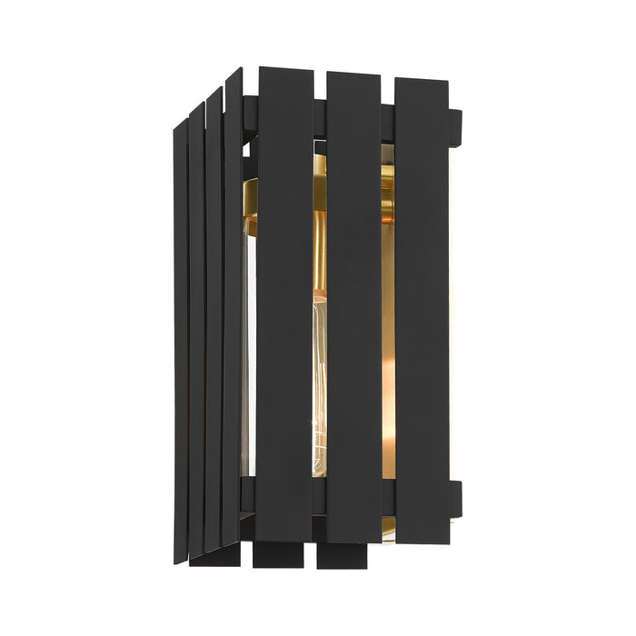 One Light Outdoor Wall Lantern from the Greenwich collection in Black with Satin Brass Accents finish