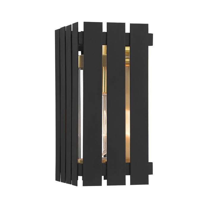 One Light Outdoor Wall Lantern from the Greenwich collection in Black with Satin Brass Accents finish