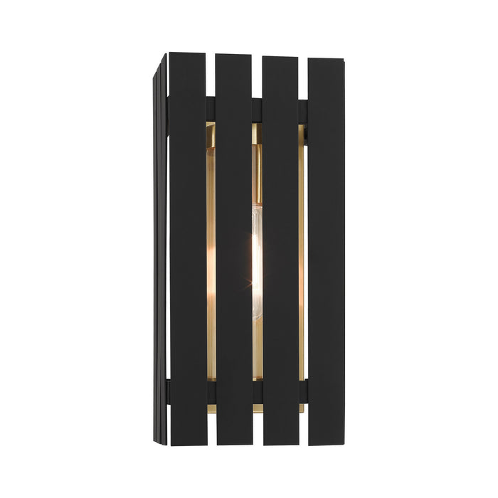 One Light Outdoor Wall Lantern from the Greenwich collection in Black with Satin Brass Accents finish