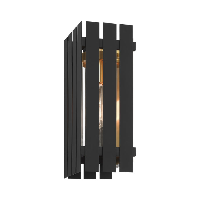 One Light Outdoor Wall Lantern from the Greenwich collection in Black with Satin Brass Accents finish