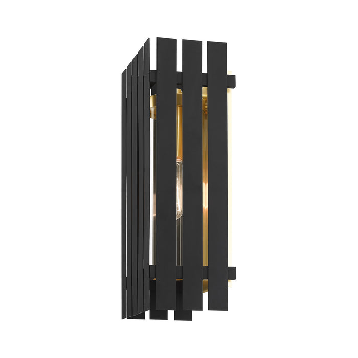 One Light Outdoor Wall Lantern from the Greenwich collection in Black with Satin Brass Accents finish