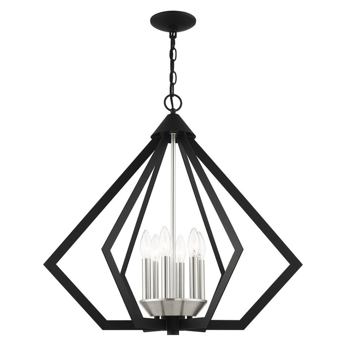 Six Light Chandelier from the Prism collection in Black with Brushed Nickel Cluster finish
