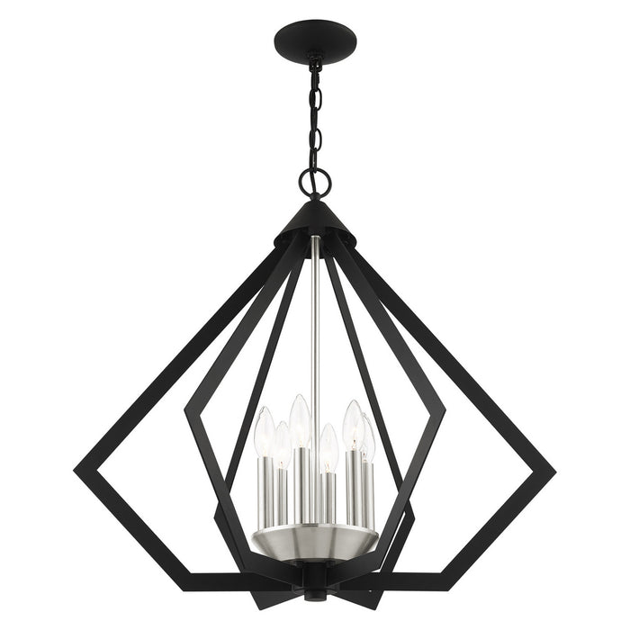 Six Light Chandelier from the Prism collection in Black with Brushed Nickel Cluster finish