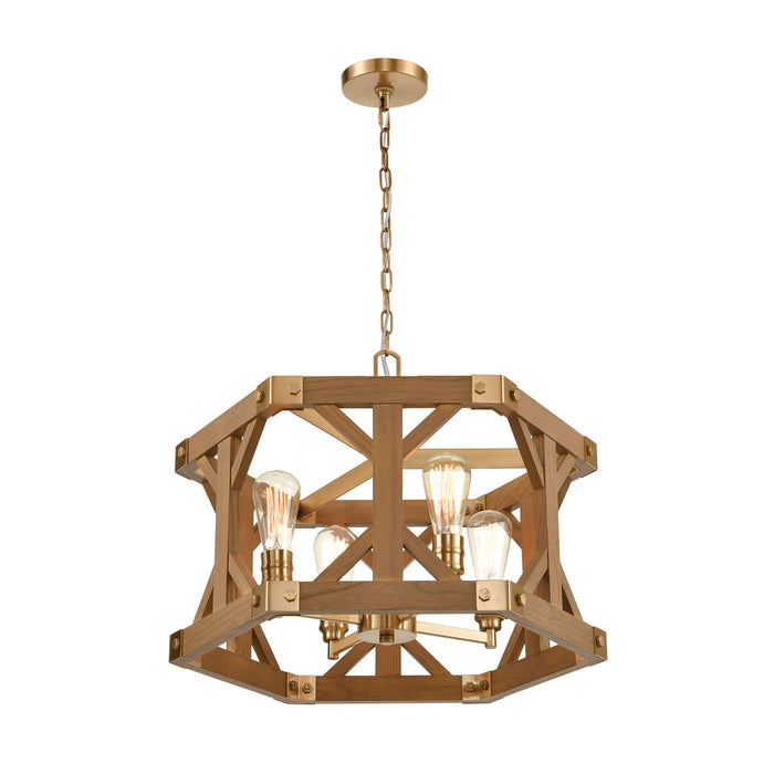 Four Light Chandelier from the Structure collection in Satin Brass, Medium Oak, Medium Oak finish