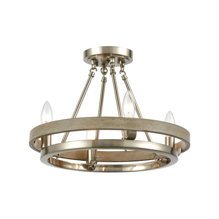 Four Light Chandelier from the Ramsey collection in Satin Nickel, Beechwood, Beechwood finish