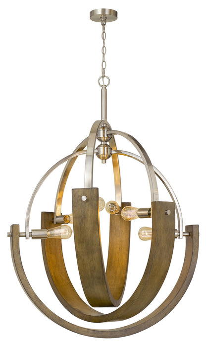 Six Light Chandelier from the Rauma collection in Wood/Brushed Steel finish