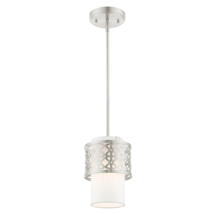 One Light Mini Pendant from the Calinda collection in Brushed Nickel finish