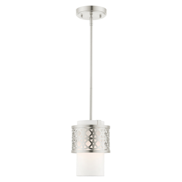 One Light Mini Pendant from the Calinda collection in Brushed Nickel finish