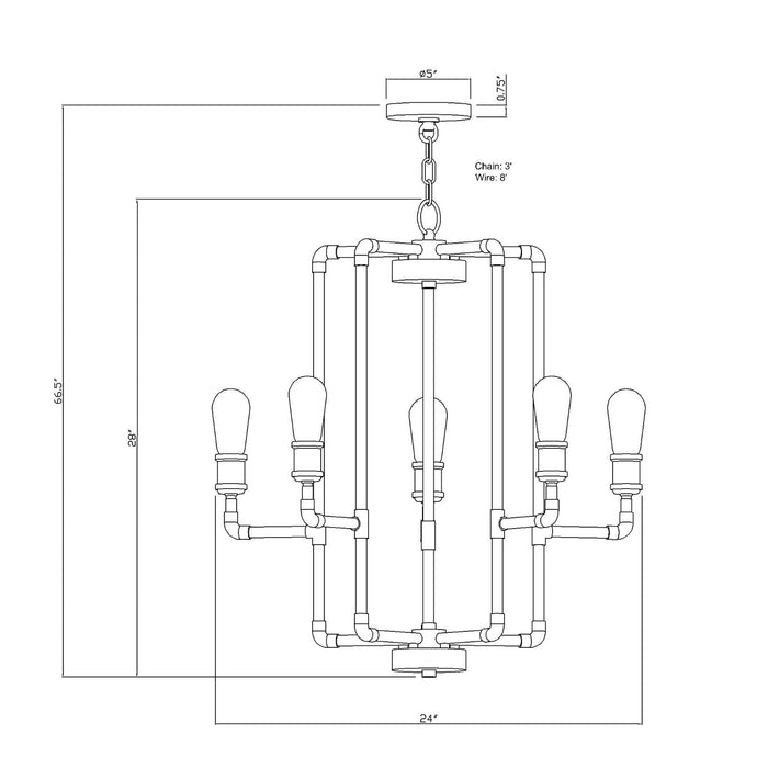 Five Light Chandelier from the Piper collection in Black and Antique Brass finish