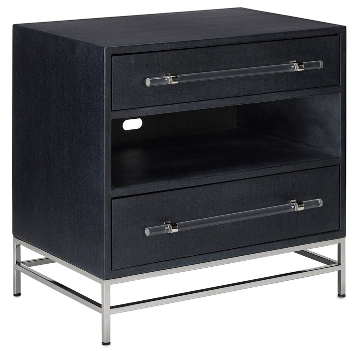 Nightstand in Navy Lacquered Linen/Polished Nickel/Black/Clear finish