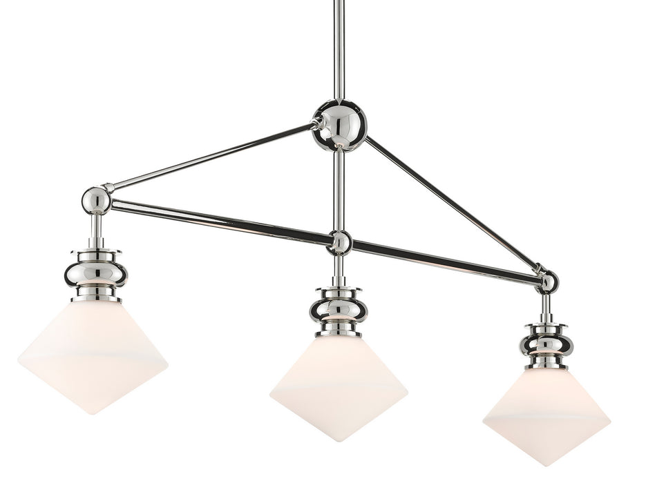 Three Light Chandelier in Polished Nickel/White finish