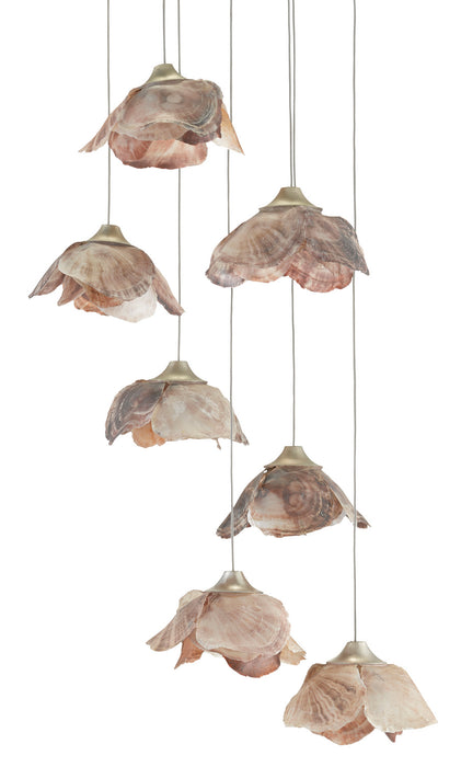 Seven Light Pendant in Painted Silver/Contemporary Silver Leaf/Natural Shell finish