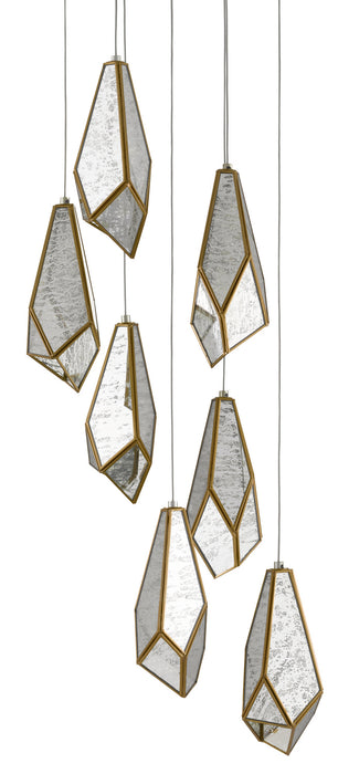 Seven Light Pendant in Painted Silver/Antique Brass finish