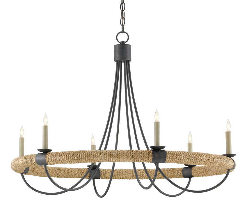 Six Light Chandelier in French Black/Smokewood/Natural Abaca Rope finish